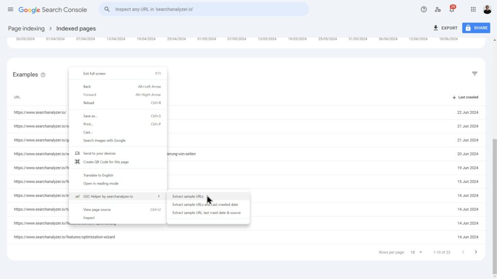 Extract sample URLs from Index Coverage report